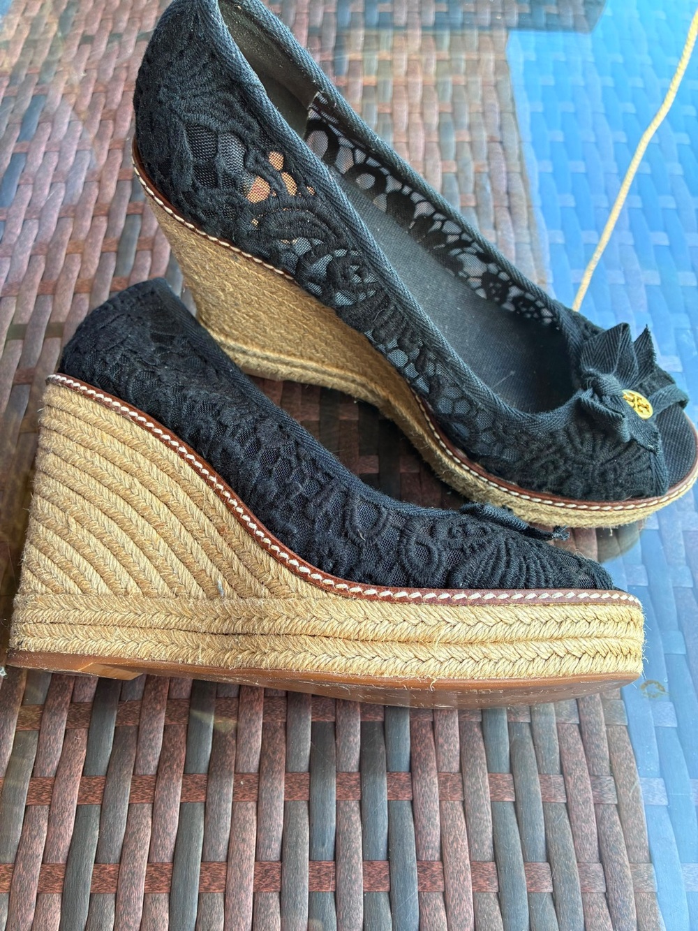 Tory Burch Black Lace Espadrille Wedge with Gold Logo
